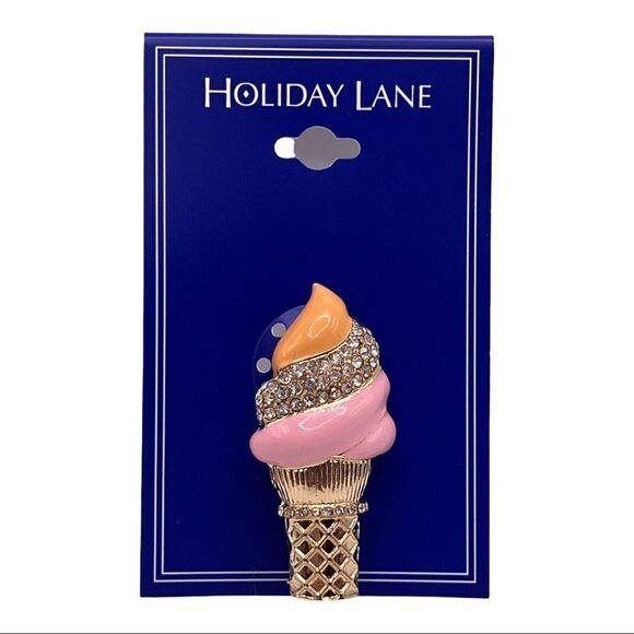 Charter Club Holiday Lane Gold-Tone Pink Orange Pavé Ice Cream Cone Pin New - Picture 2 of 3
